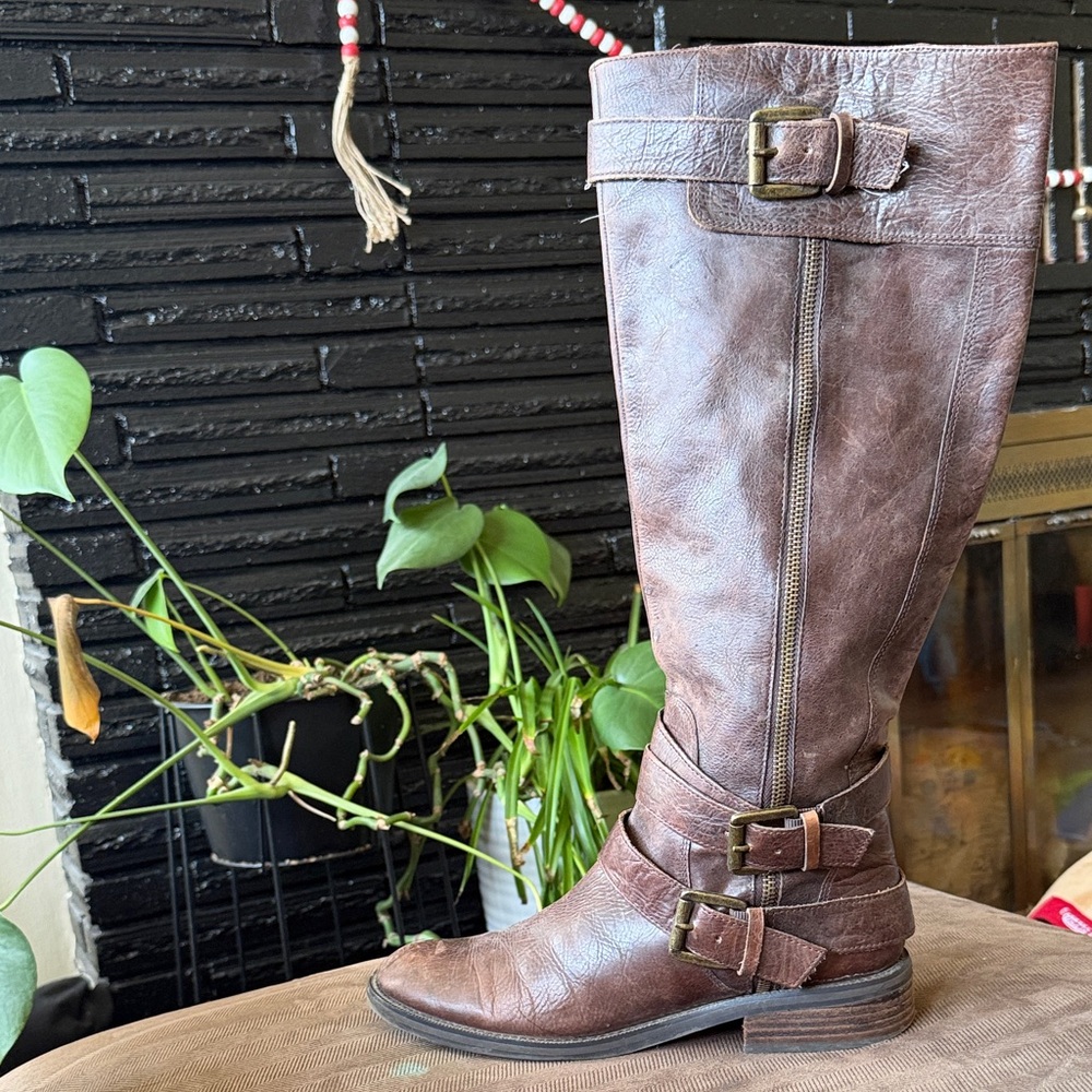 Enzo Angolio Brown Genuine Leather Knee-High Boots with Buckle Detail